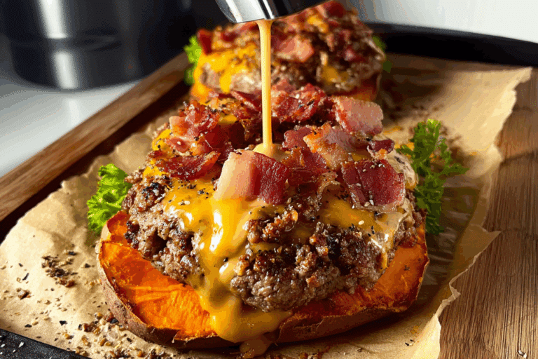 Bacon Cheeseburger Loaded Sweet Potato
