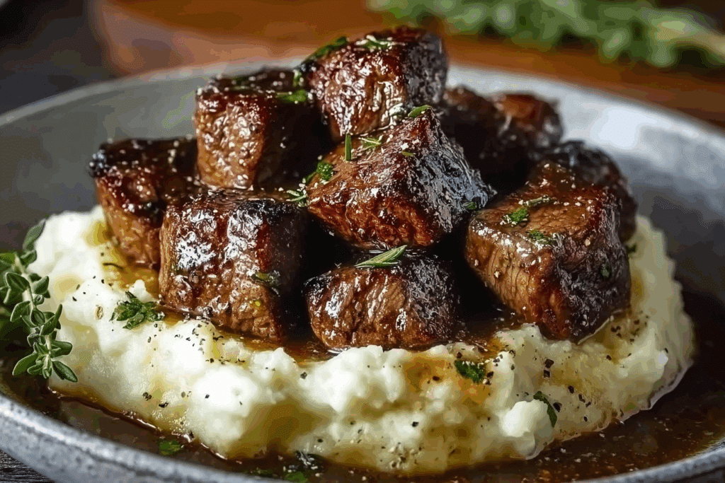 Garlic & Herb Butter Steak Bites over Mashed Potatoes