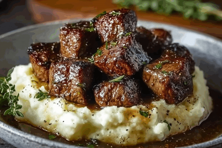 Garlic & Herb Butter Steak Bites over Mashed Potatoes