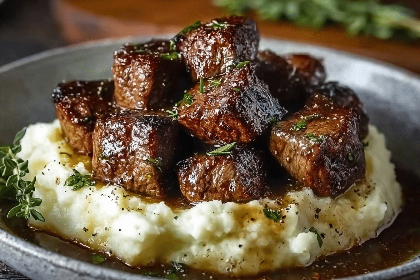 Garlic & Herb Butter Steak Bites over Mashed Potatoes