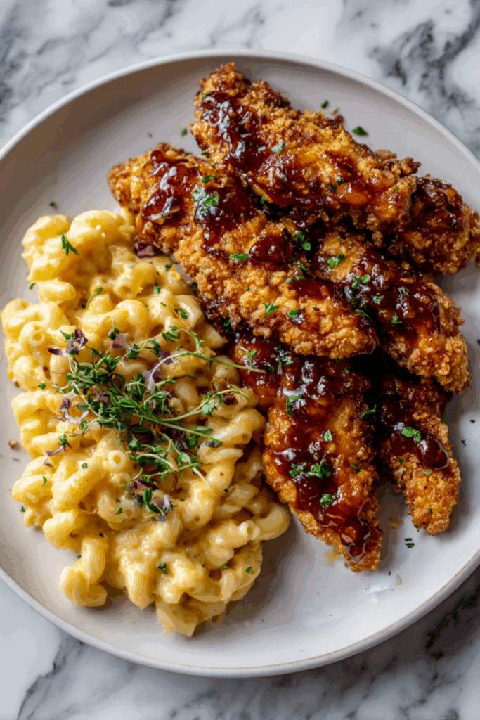 Hot Honey Chicken Tenders with Four Cheese Mac & Cheese
