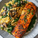 Garlic Butter Salmon with Mushroom & Spinach Orzo