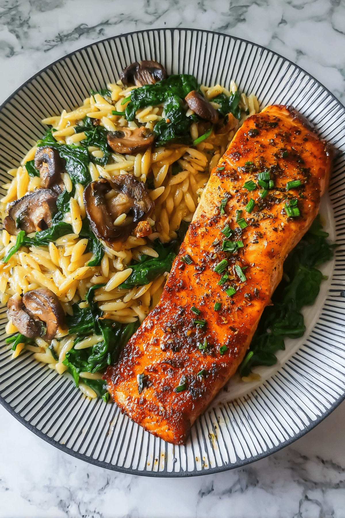 Garlic Butter Salmon with Mushroom & Spinach Orzo