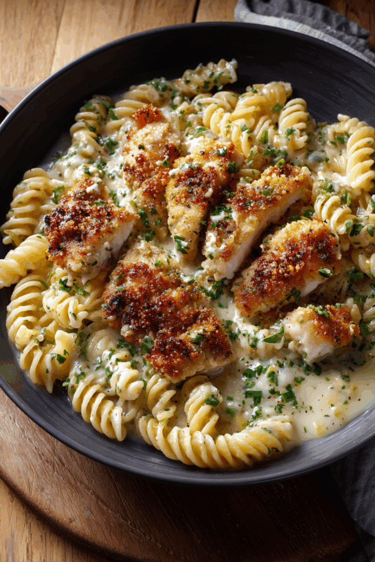 Creamy Lemon Garlic Pasta with Parmesan Crusted Chicken
