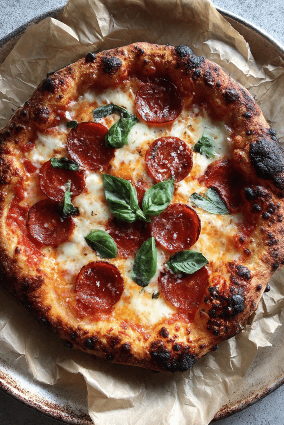 Blistered Neapolitan Pizza Topped with Melted Mozzarella