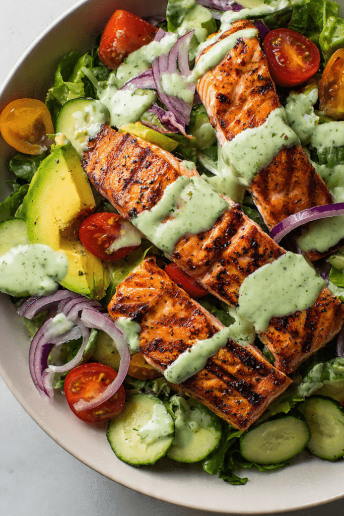 Grilled Salmon Salad with Creamy Cilantro Lime Dressing