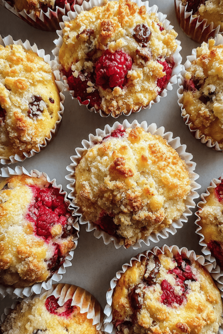 Raspberry and Chocolate Chip Muffins with Crumble Topping