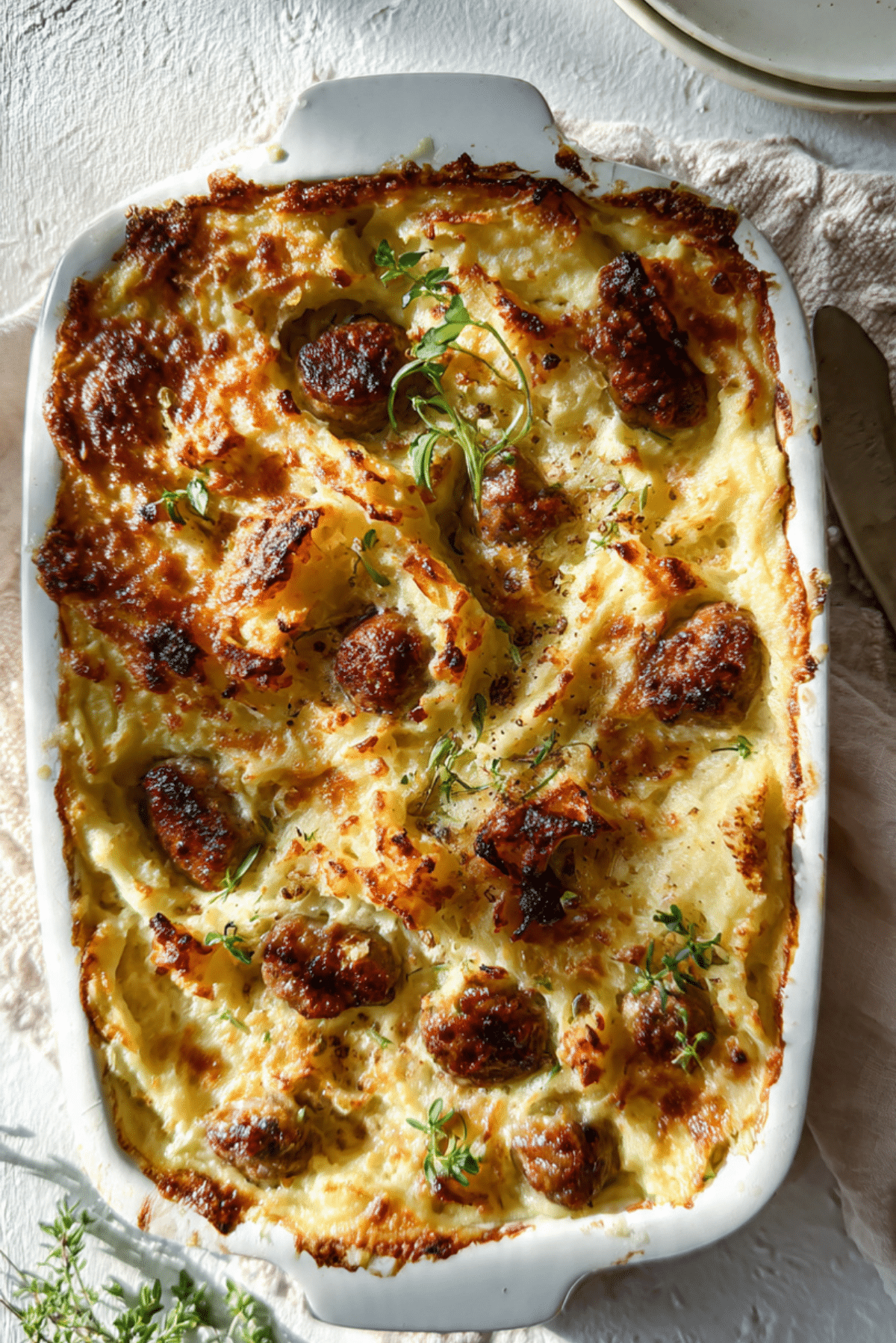Cheesy Caramelised Onion & Sausage Mash Bake