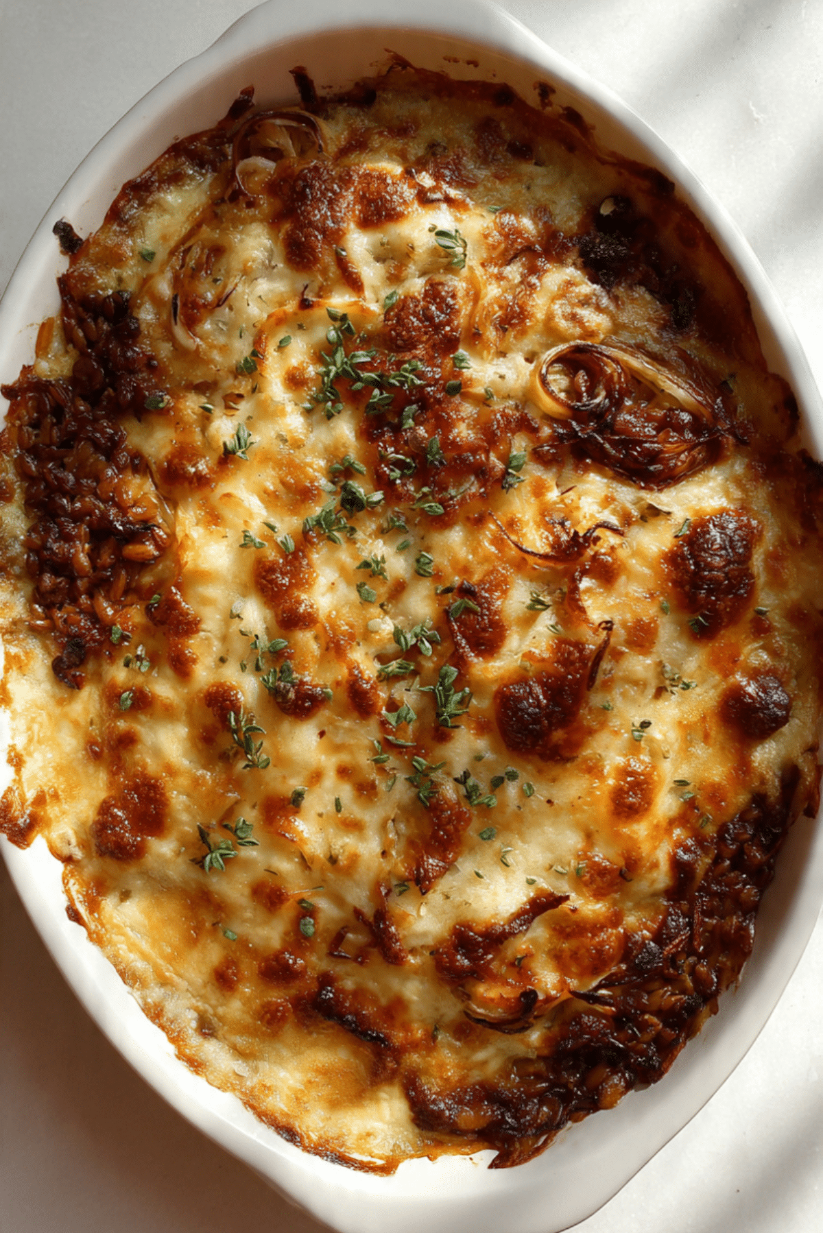 French Onion Baked Lentils and Farro