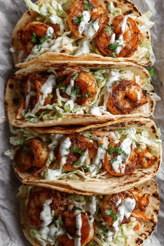 Spicy Shrimp Tacos with Garlic Cilantro Lime Slaw