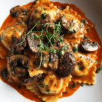 Creamy Tomato Mushroom Ravioli with Seared Steak