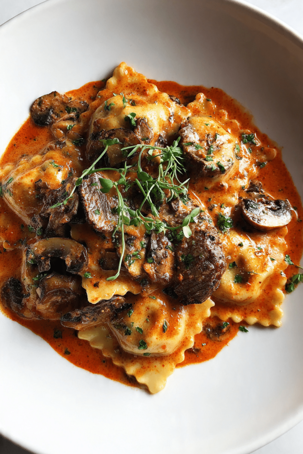 Creamy Tomato Mushroom Ravioli with Seared Steak