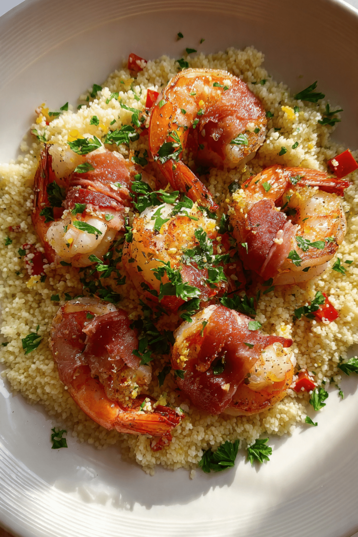 Prosciutto Wrapped Shrimp with Lemon Couscous