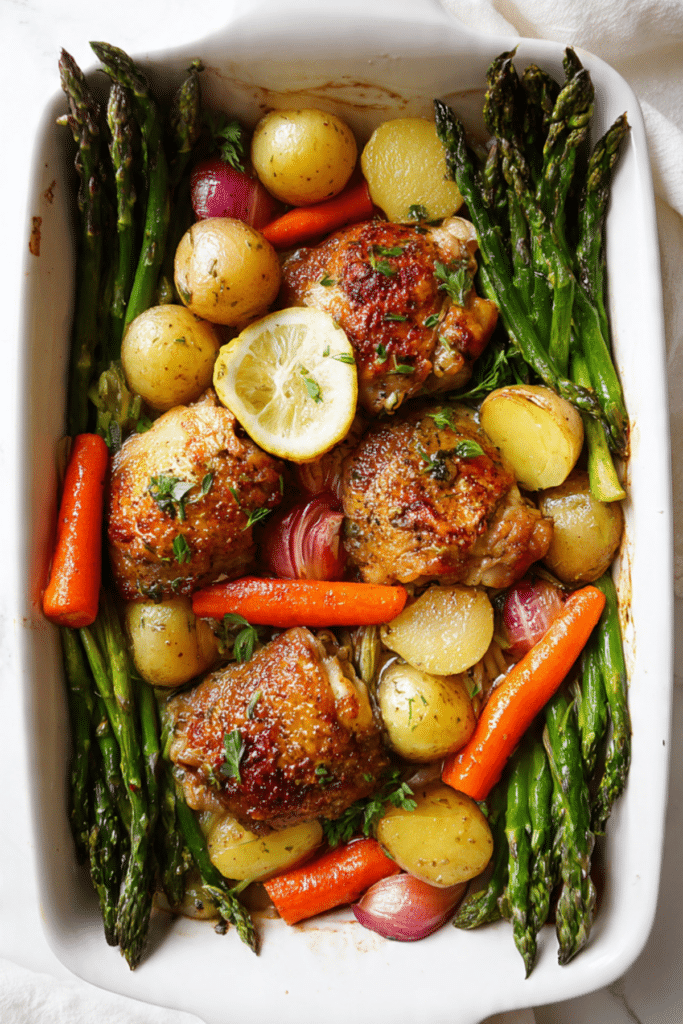 Lemon Garlic Chicken Thighs with Spring Veggies