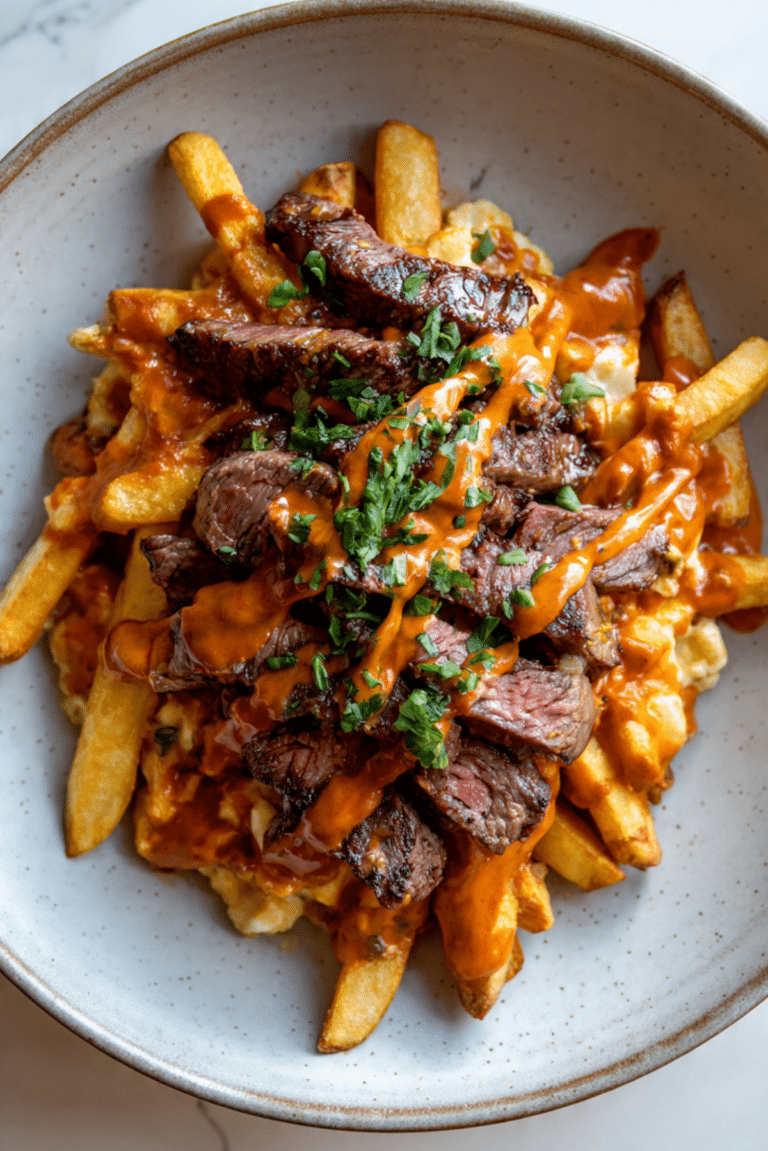 Carne Asada Fries With Sliced Steak and Chile Butter Sauce