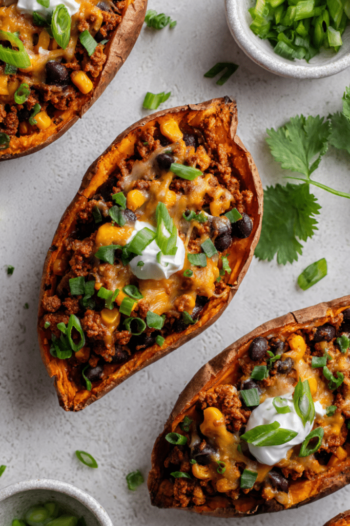 Protein loaded sweet potato boats